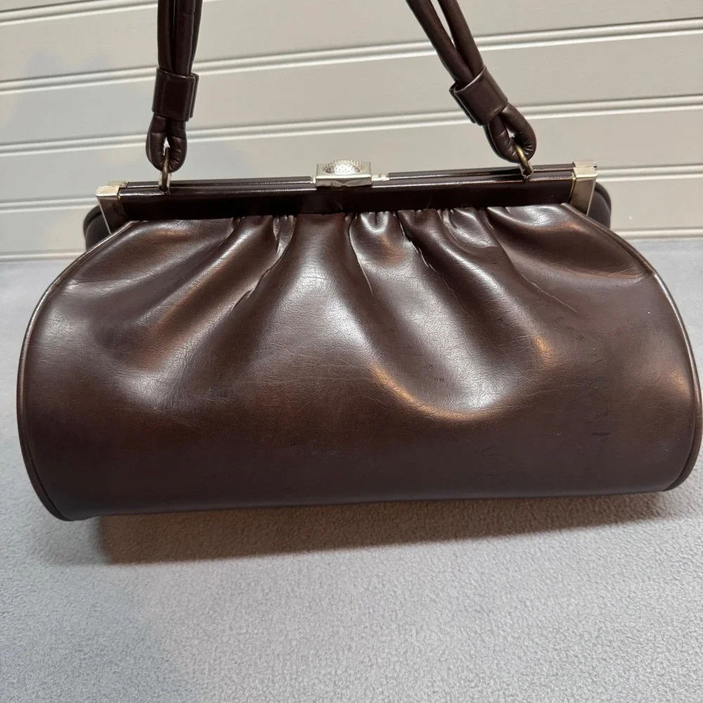 Vintage Mid Century Kiss Lock Satchel Handbag Brown Faux Leather Retro Large